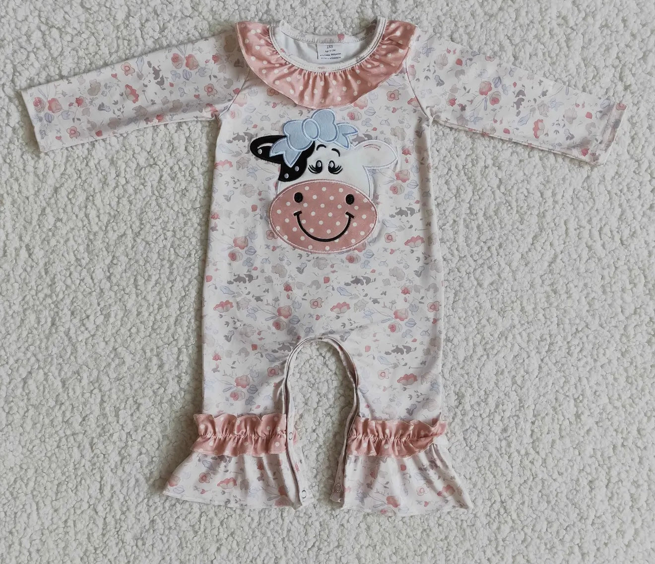 Cow embroidery long sleeve Ruffle Romper