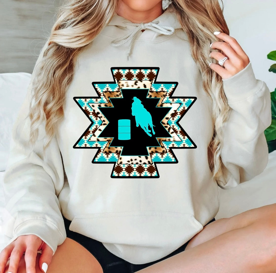 Aztec, teal barrel racing