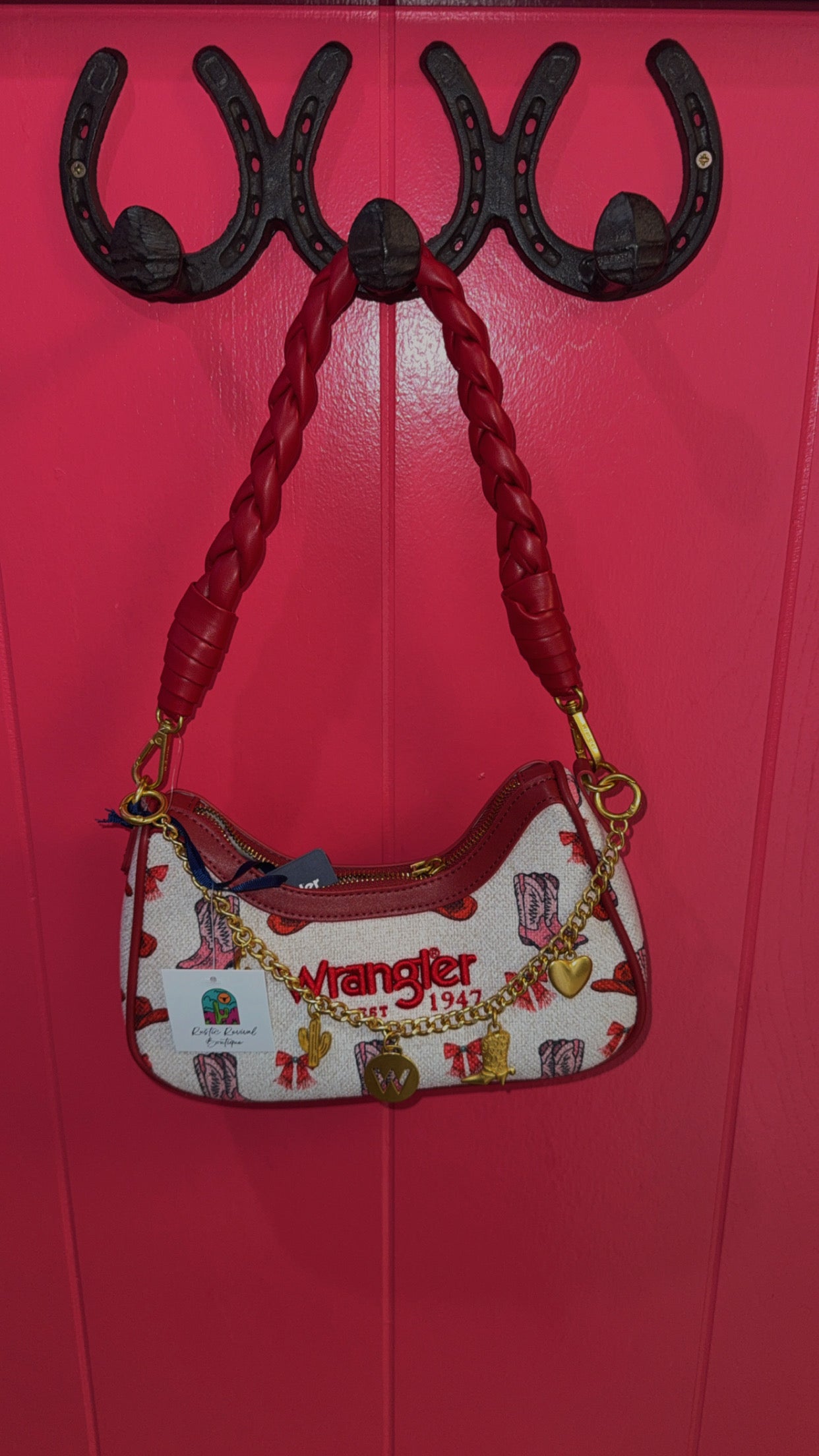 Red charm wrangler purse
