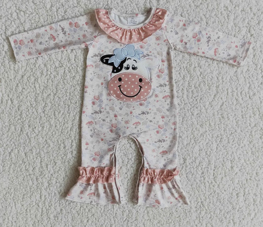 Cow embroidery long sleeve Ruffle Romper