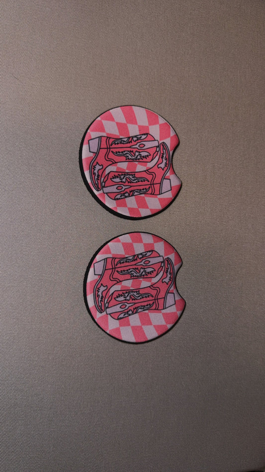 Pink Checkered Boots Car Coasters