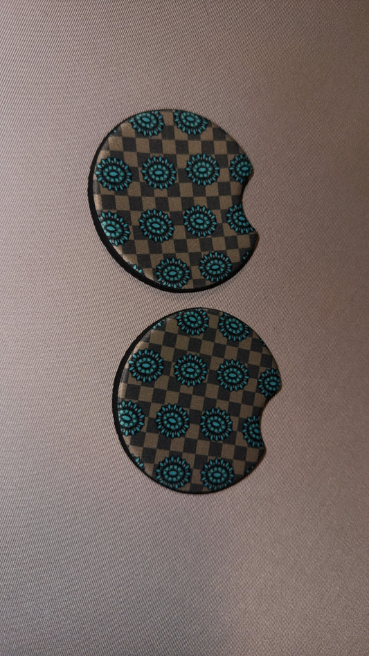 Checkered Turquoise Car Coasters