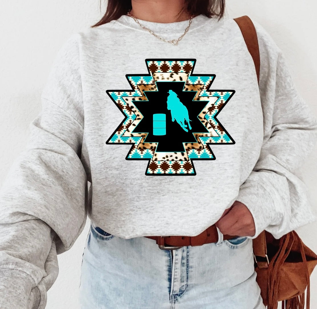 Aztec, teal barrel racing